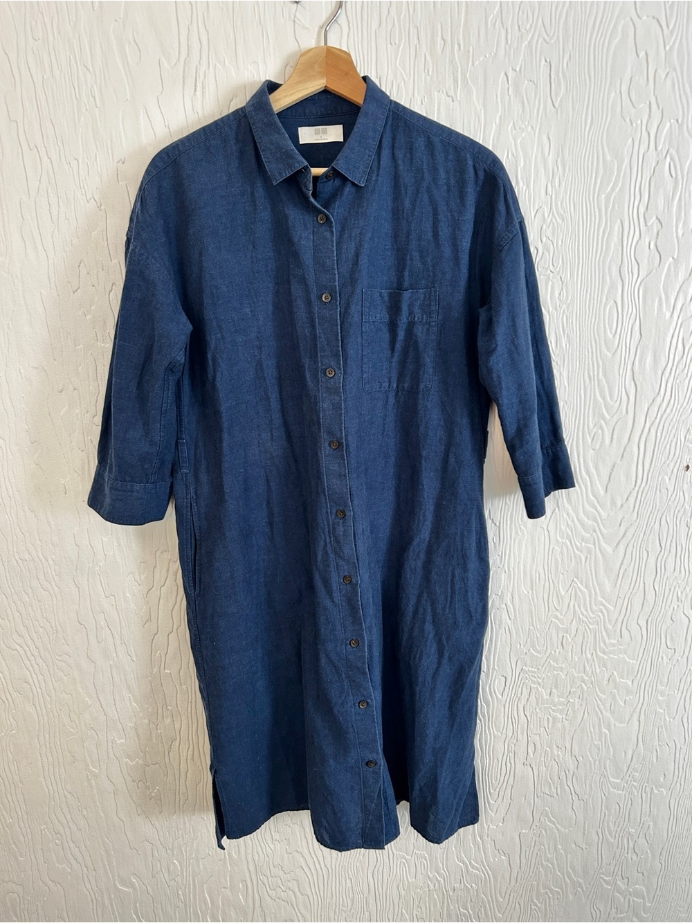UNIQLO Navy Blue Midi Shirt Dress Linen Cotton Small Relaxed Coastal Minimal